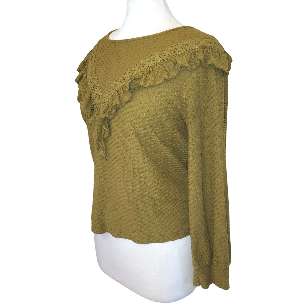 J.Crew Ruffle Trim Honeycomb Knit Olive Gold Green Long Sleeve Blouse - Picture 3 of 8